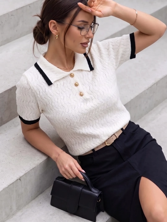 Ayollar ajur polo futbolkasi Elly Fashion, to‘qilgan top, yagona o‘lcham 40-44