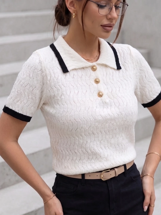Ayollar ajur polo futbolkasi Elly Fashion, to‘qilgan top, yagona o‘lcham 40-44