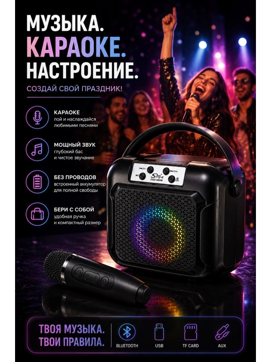 Портативная караоке-колонка Sing-e ZQS1490W с микрофоном, LED-подсветка, Bluetooth - 
