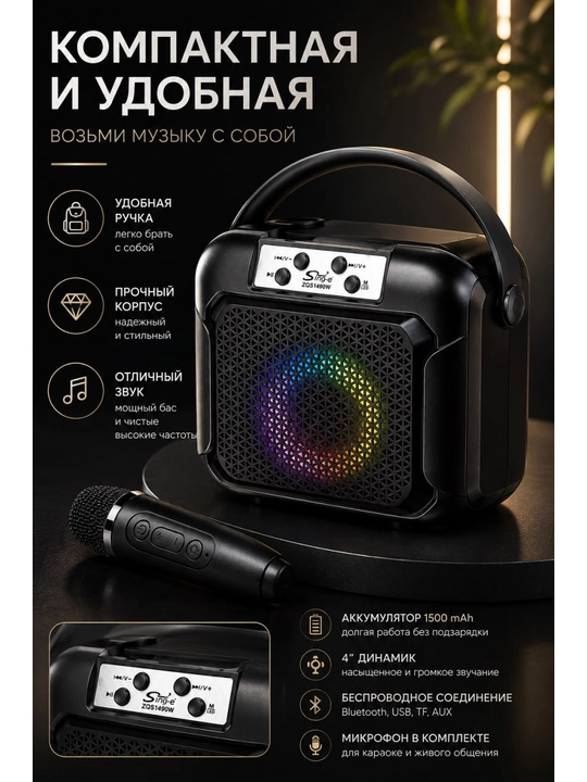 Mikrofon, LED yoritgich va Bluetooth bilan jihozlangan portativ karaoke karnay Sing-e