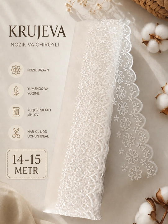 Krujeva 14–15 metr, gulli dekorativ to‘rli lenta, oq rangli krujeva - 