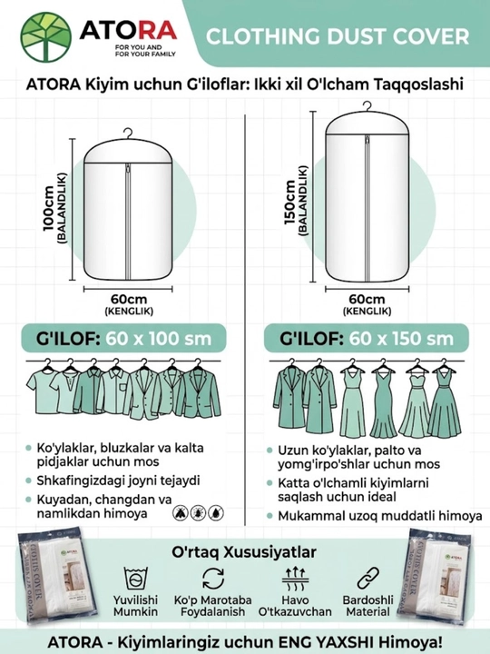 Чехол для одежды 60×100 / 60×150 см, защитный чехол от пыли и влаги, многоразовый