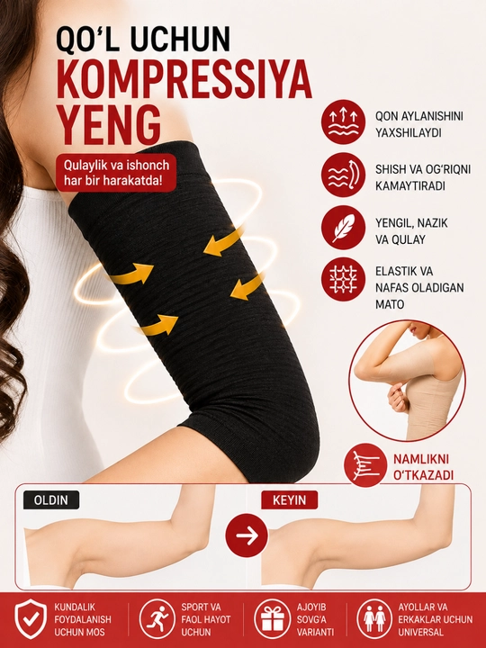 Qo‘l uchun kompression yenglar, sport va tiklanish uchun, nafas oladi, 2 dona - 