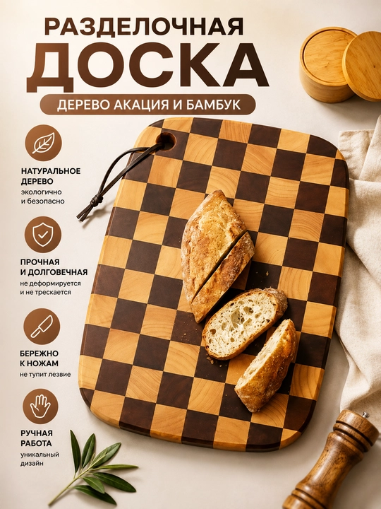 Разделочная доска из натурального дерева, акация и бамбук — для дома и кухни - 