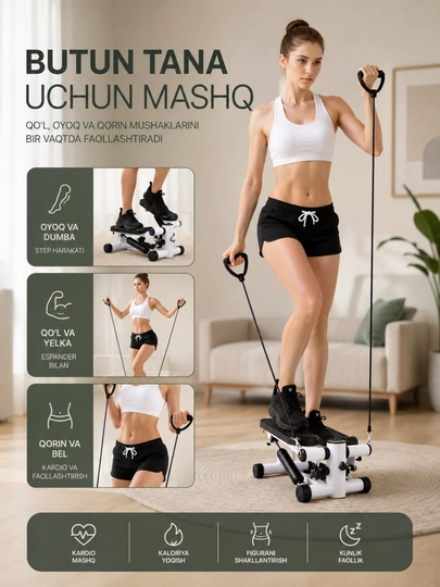 Stepper trenajor espanderli, oyoq va dumba uchun mini stepper, uy fitnes trenajori