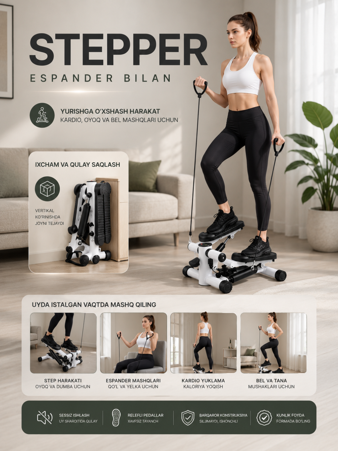 Stepper trenajor espanderli, oyoq va dumba uchun mini stepper, uy fitnes trenajori
