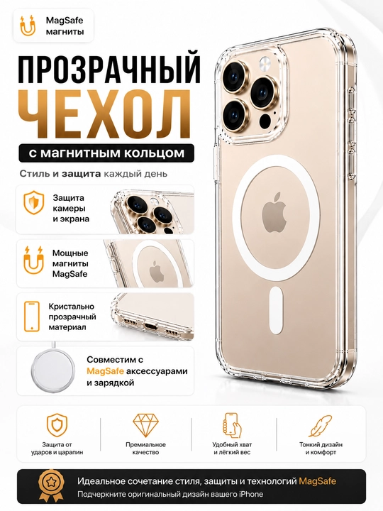 IPhone uchun magnitli shaffof g‘ilof, MagSafe halqali