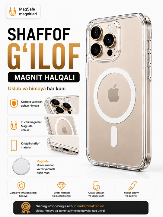 IPhone uchun magnitli shaffof g‘ilof, MagSafe halqali - 