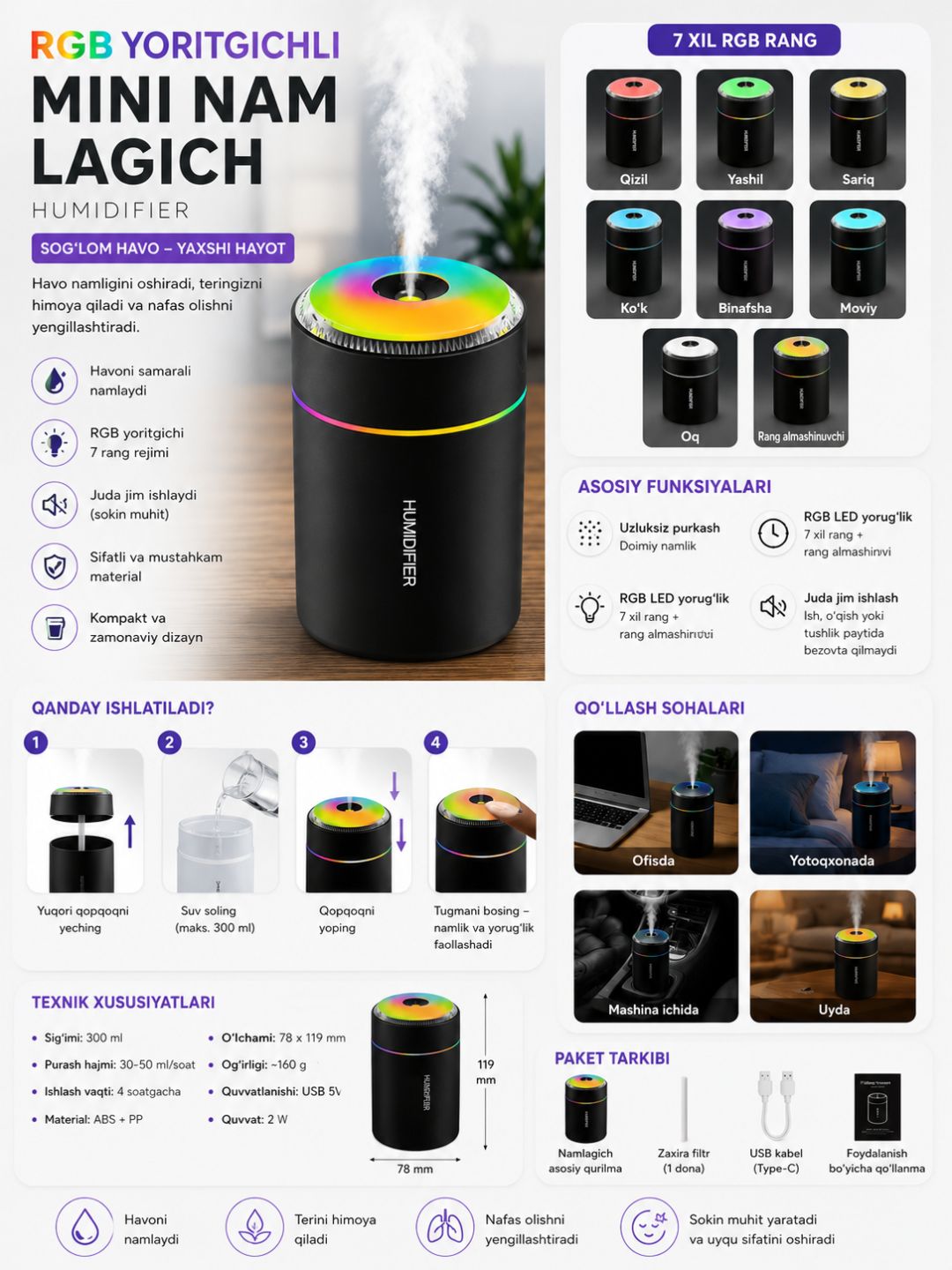 RGB yoritgichli mini havo namlagich — avtomobil uchun - 