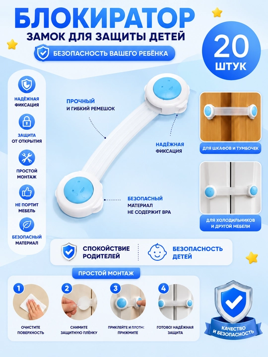 Блокиратор, замок для защиты детей, для шкафов, дверей, ящиков, мебели и бытовой техники - 