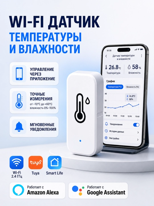 Умный датчик температуры и влажности Wi-Fi, Tuya/Smart Life - 