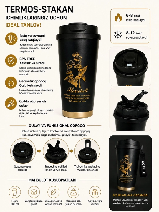 Termos-stakan 500 ml, issiq va sovuq ichimliklar uchun, qora - 