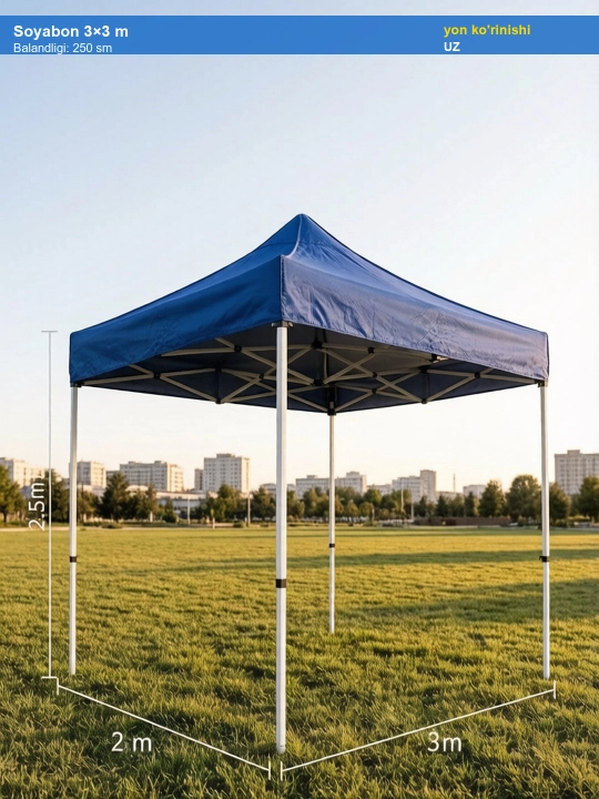 To'rt burchakli soyabon 3×3 m, katlanuvchi, ko'k/qizil, po'lat + oksford