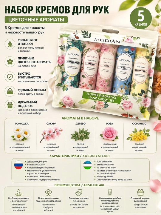 Набор парфюмированных увлажняющих кремов для рук MEIDIAN с фруктовыми ароматами - 