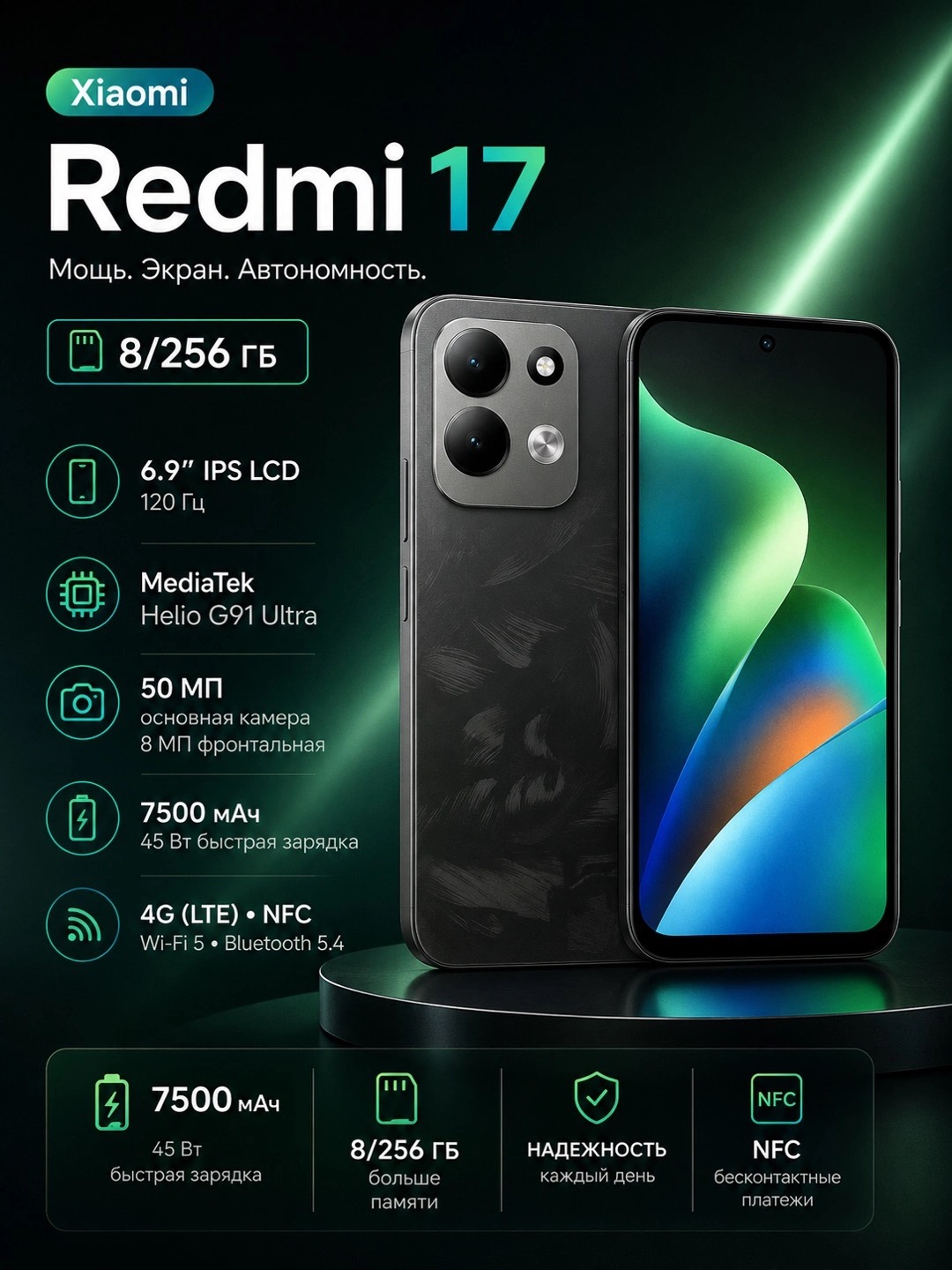 Смартфон Xiaomi Redmi 17 8/256, Зеленый - 