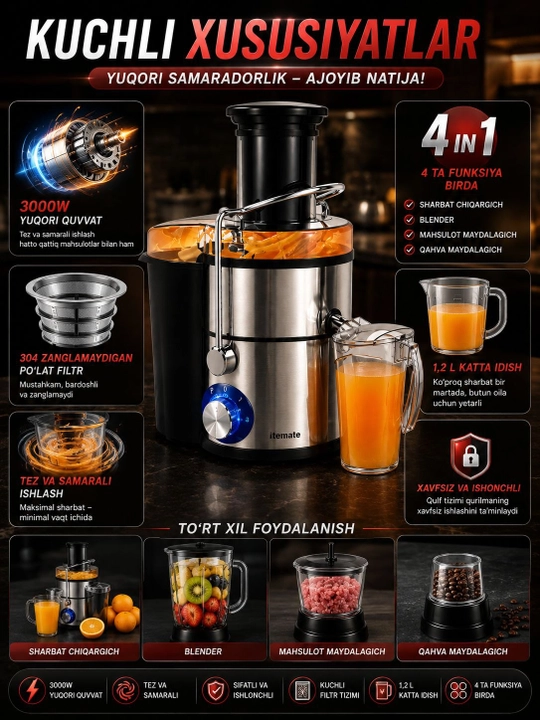 Соковыжималка Itemate IT-3882, 4 в 1, 3000 Вт, 1,2 л