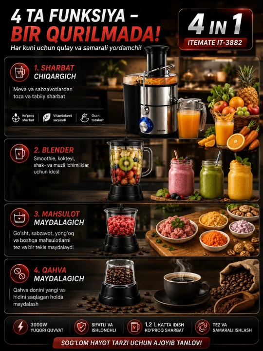Соковыжималка Itemate IT-3882, 4 в 1, 3000 Вт, 1,2 л
