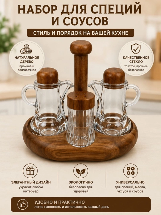 Shisha va yog‘ochdan tayyorlangan ziravorlar to‘plami, yog‘och taglik bilan - 