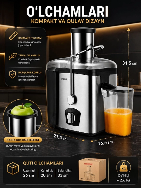 Соковыжималка Emerald E-254, 2 скорости и импульсный режим, 1000 Вт