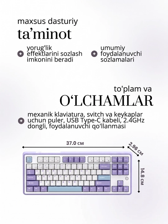 Mexanik O'yin Klaviatura AJAZZ AK870, Simsiz, Bluetooth, RGB, 87 Tugma, 4000mAh, Hot-Swap