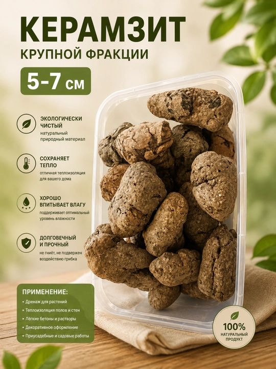 Керамзит 5–7 см крупной фракции, дренаж для растений, строительный материал