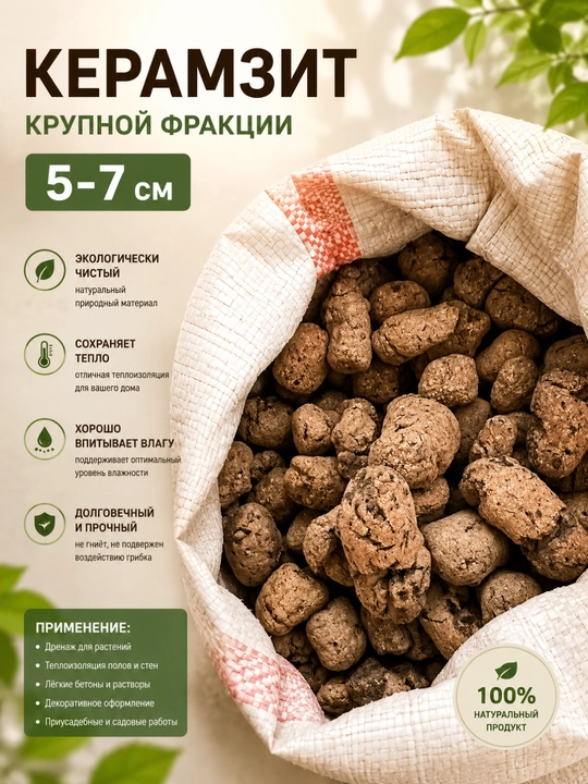 Керамзит 5–7 см крупной фракции, дренаж для растений, строительный материал