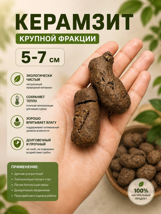 Керамзит 5–7 см крупной фракции, дренаж для растений, строительный материал