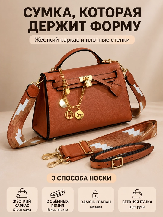 Сумка женская каркасная с замком и двумя съёмными ремнями - 