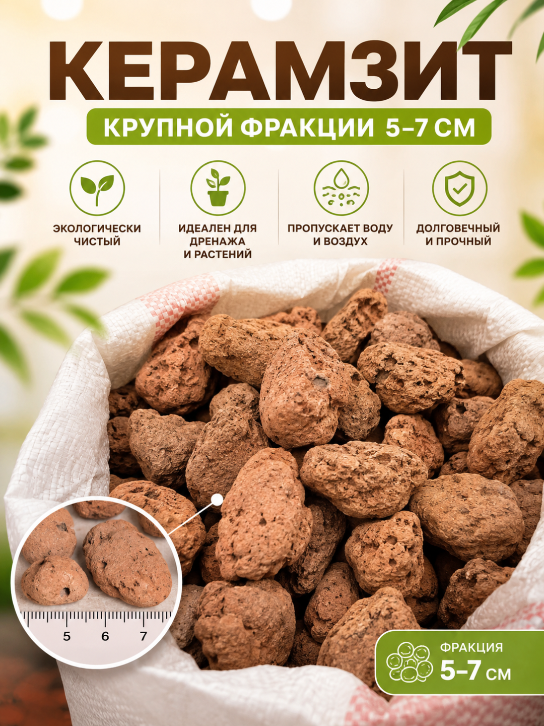 Керамзит крупный 5–7 см для растений, дренаж, утепление, сад и огород - 