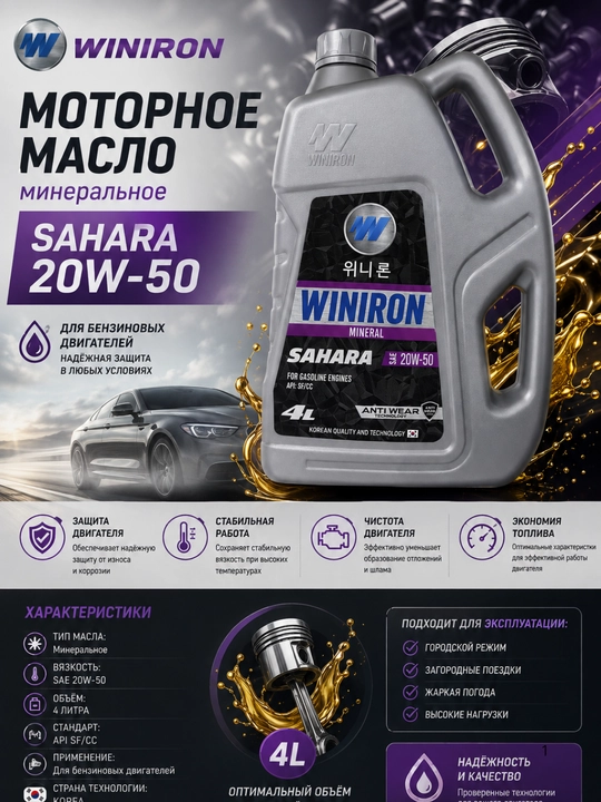 Моторное масло WINIRON Sahara 20W-50, минеральное, 4 л - 
