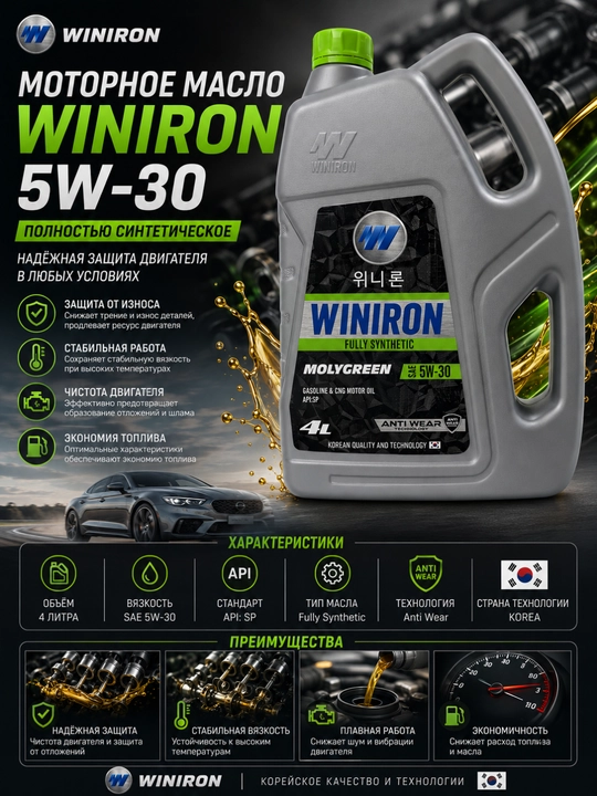WINIRON Molygreen 5W-30, полностью синтетическое моторное масло - 