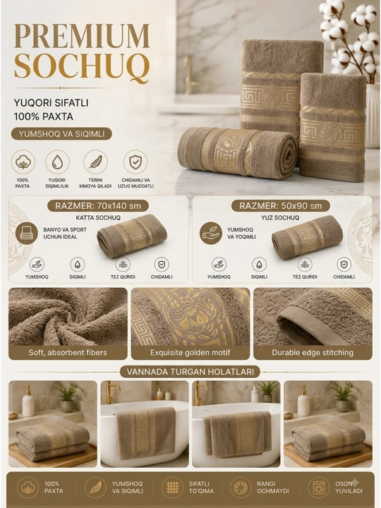 Sochiqlar to'plami 100% paxta, hammom, yuz uchun, 70 * 140 sm, 50 * 90 sm - 