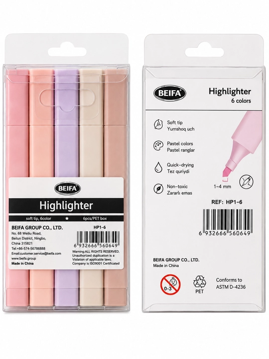 BEIFA pastel rangli matn ajratgich markerlar, 6 dona, yumshoq ranglar