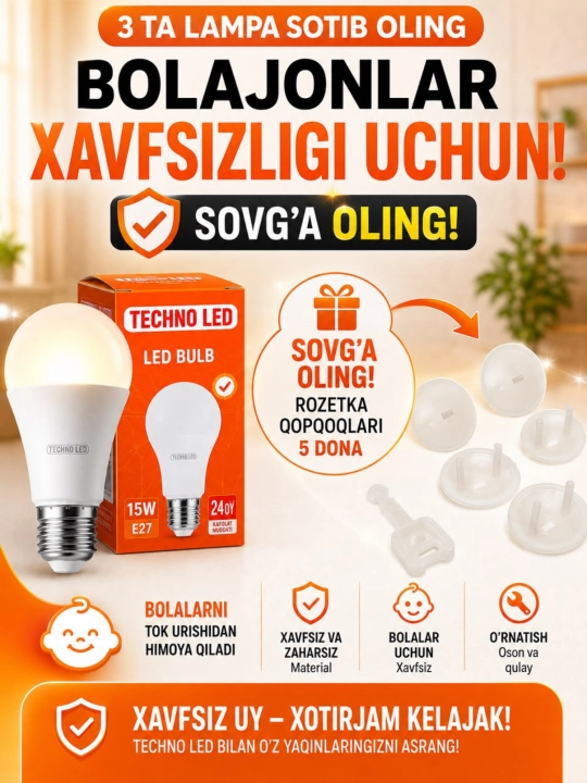 LED lampochka TECHNO LED, E27, 7W/10W/12W/15W/18W, 6500K sovuq oq nur, 220V, BONUS, SOVG‘A
