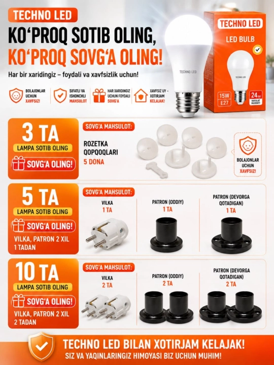 LED lampochka TECHNO LED, E27, 7W/10W/12W/15W/18W, 6500K sovuq oq nur, 220V, BONUS, SOVG‘A