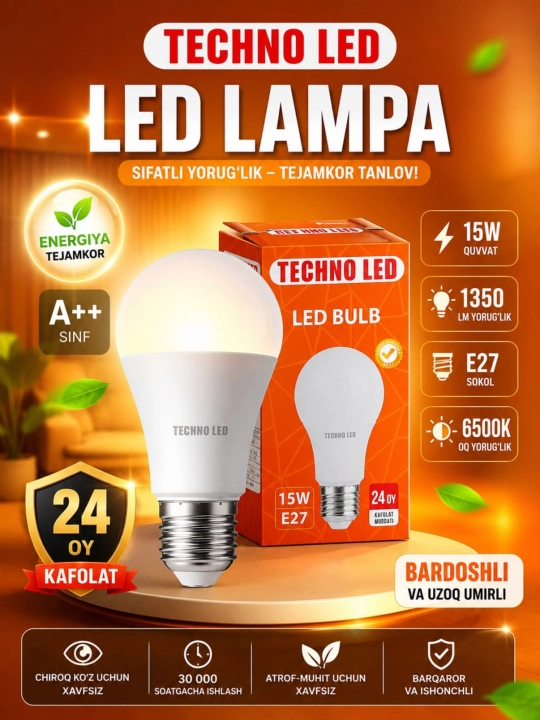 LED lampochka TECHNO LED, E27, 7W/10W/12W/15W/18W, 6500K sovuq oq nur, 220V, BONUS, SOVG‘A