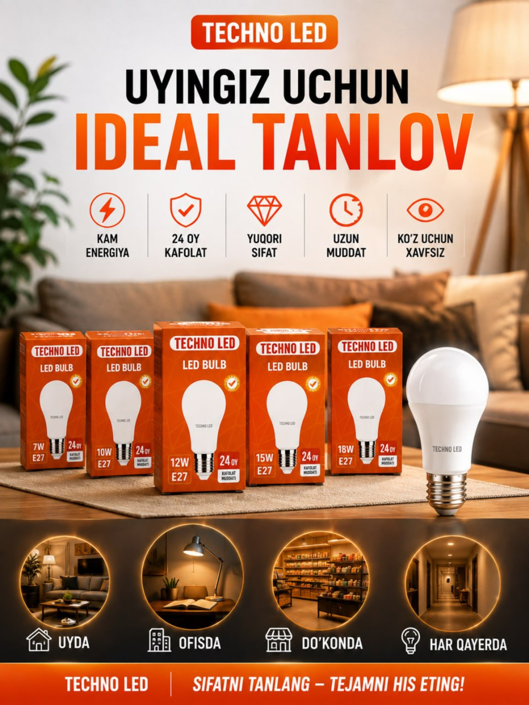 LED lampochka TECHNO LED, E27, 7W/10W/12W/15W/18W, 6500K sovuq oq nur, 220V, BONUS, SOVG‘A