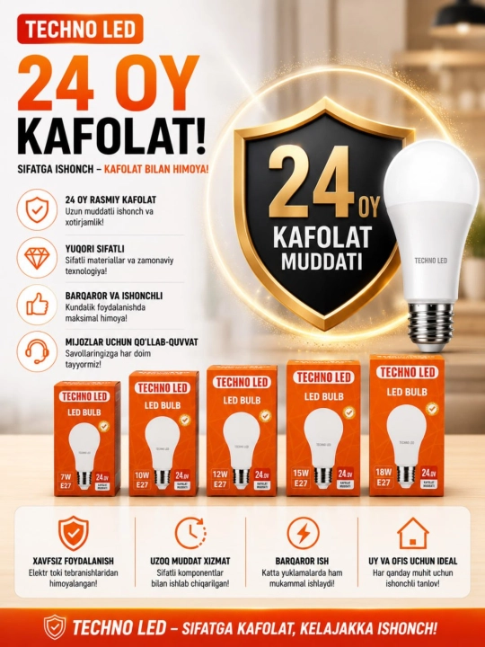 LED lampochka TECHNO LED, E27, 7W/10W/12W/15W/18W, 6500K sovuq oq nur, 220V, BONUS, SOVG‘A