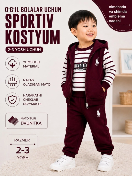O‘g‘il bola uchun bolalar sport kostyumi, xudi, kofta va shim
