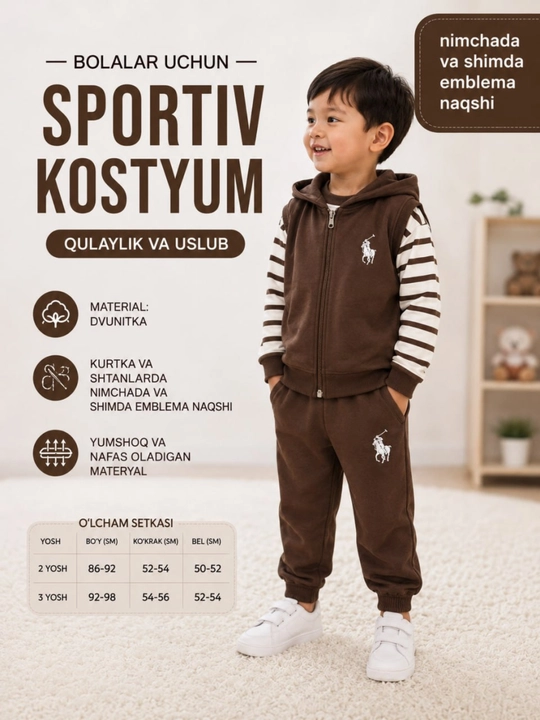 O‘g‘il bola uchun bolalar sport kostyumi, xudi, kofta va shim