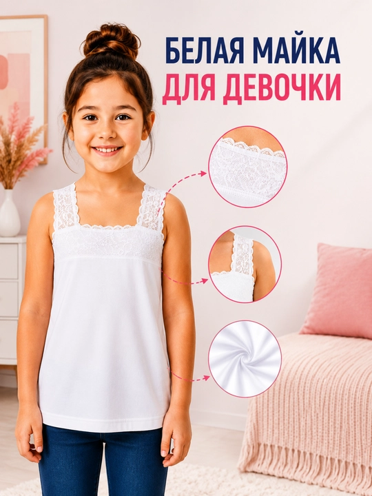 Белая майка для девочек кружевная 7–12 лет - 