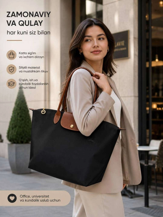 Ayollar uchun sumka, katta yelkaga osiladigan, A4 o‘lchamda, noutbuk, o‘qish va ofis uchun