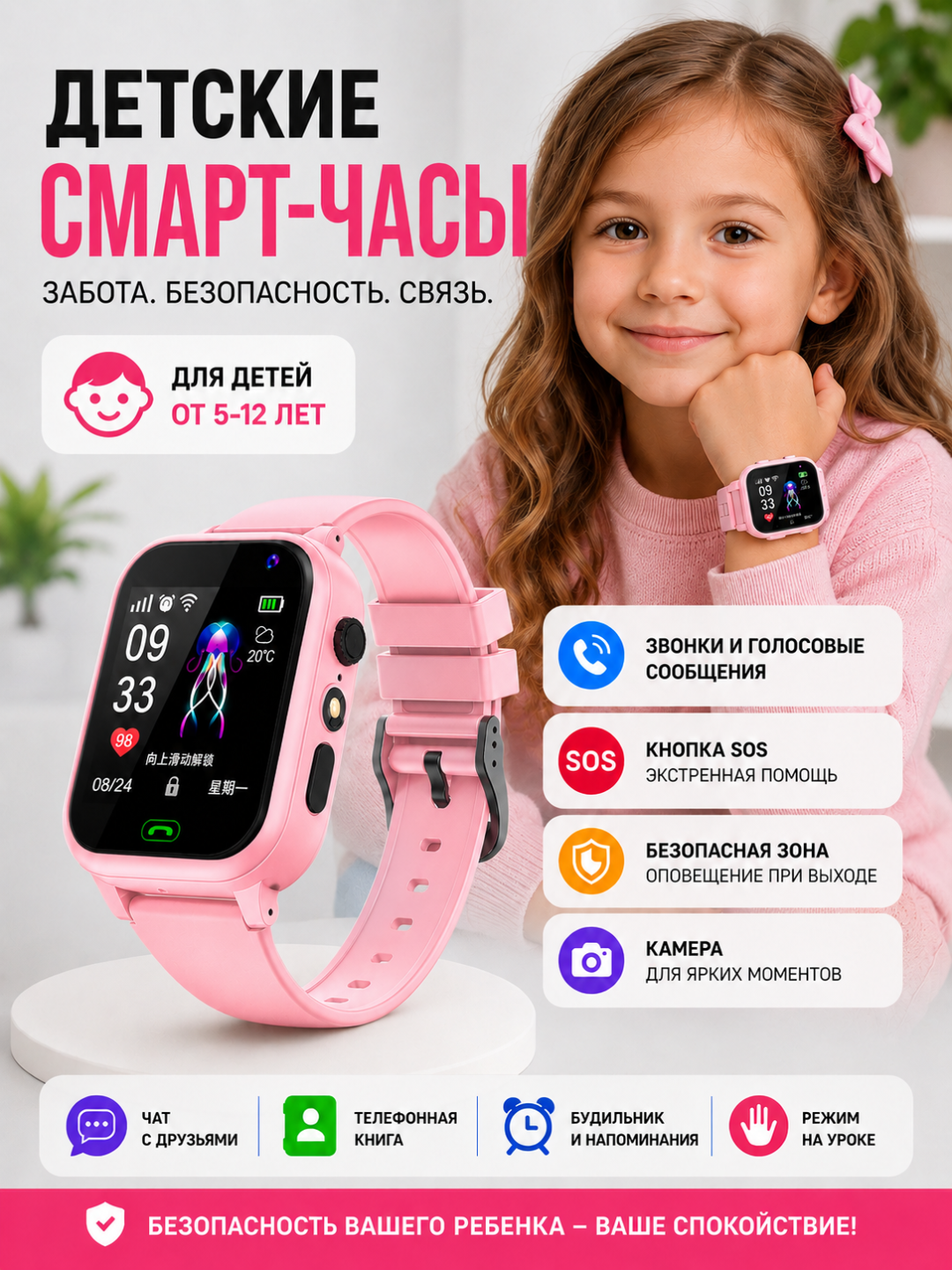 Детские смарт-часы с SIM-картой, часы-телефон с камерой, школьные часы, детские умные часы - 