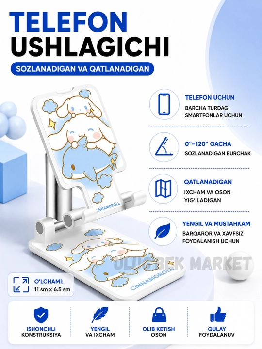 Stend telefon va planshet ushlagichi, sozlanadi va qatlanadigan telefon tutgich