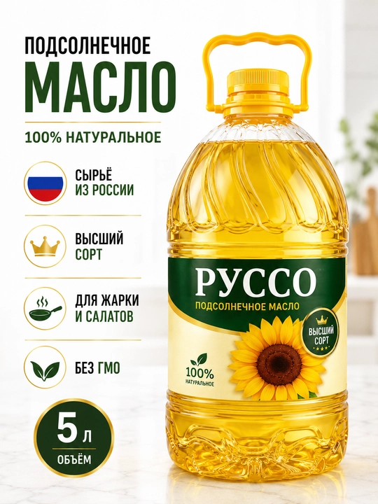Подсолнечное масло РУССО, 5 л, высший сорт, рафинированное, дезодорированное - 