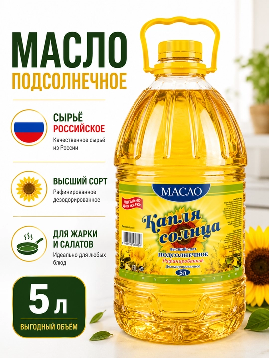 Подсолнечное масло Капля Солнца, высший сорт, 5 литров - 