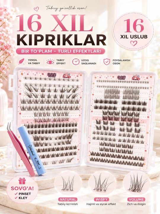 Tutamli sun’iy kipriklar, 16 xil effektli to‘plam, pinset va yelim bilan