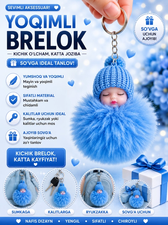 Pomponli qo‘g‘irchoq brelok, sumka osmasi, momiq brelok, aksessuar - 