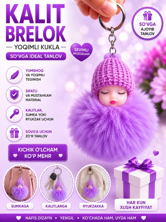 Pomponli qo‘g‘irchoq brelok, sumka osmasi, momiq brelok, aksessuar - 