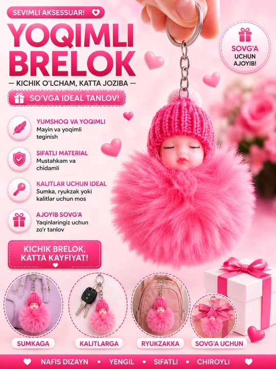 Pomponli qo‘g‘irchoq brelok, sumka osmasi, momiq brelok, aksessuar - 